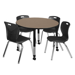 Regency Kee Mobile Round Height Adjustable Classroom Table with 4 Andy Stack Chairs 48" W x 48" D x 23"-34"H (TB48RNDNOAPCBK40BK)