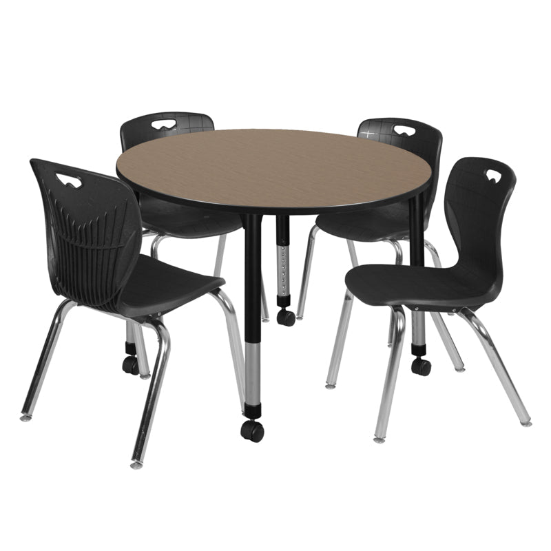 Regency Kee Mobile Round Height Adjustable Classroom Table with 4 Andy Stack Chairs 48" W x 48" D x 23" - 34"H (TB48RNDNOAPCBK40BK) - SchoolOutlet