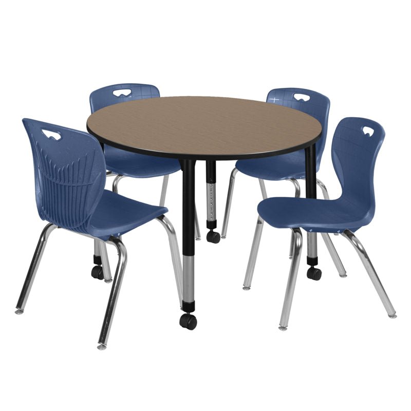Regency Kee Mobile Round Height Adjustable Classroom Table with 4 Andy Stack Chairs 48" W x 48" D x 23" - 34"H (TB48RNDNOAPCBK40BK) - SchoolOutlet