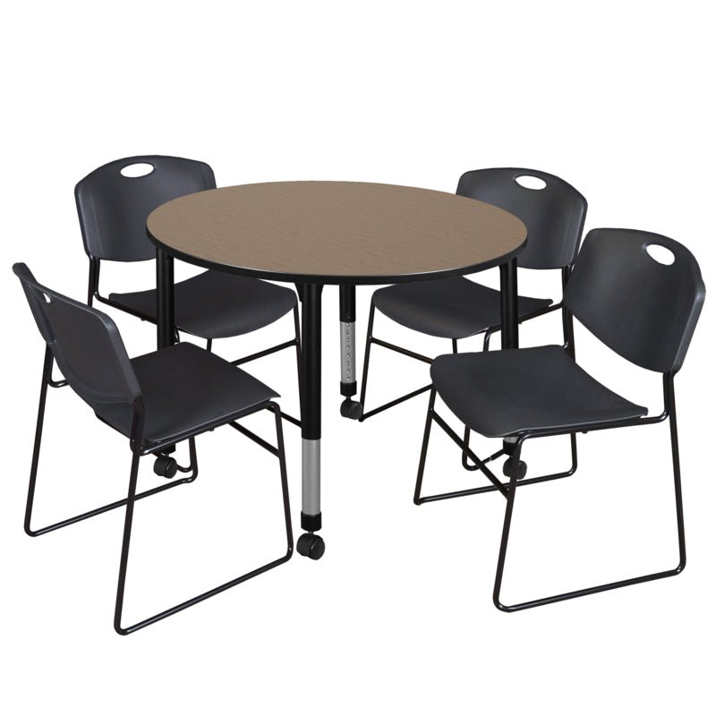 Regency Kee Mobile Round Adjustable Classroom Table with 4 Black Zeng Stack Chairs 48" W x 48" D x 23" - 34"H (REG - TB48RC - 44) - SchoolOutlet