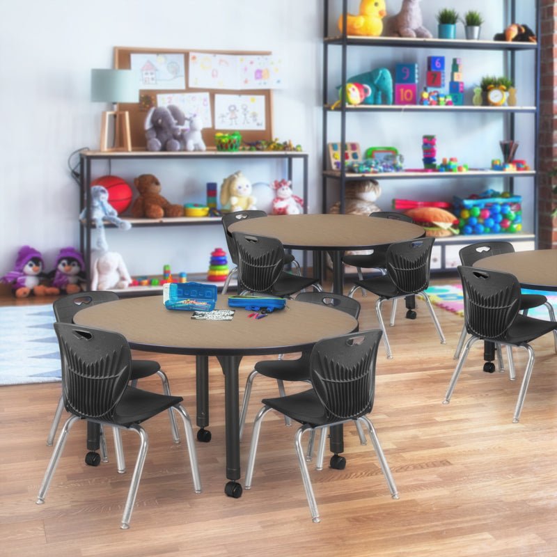 Regency Kee Mobile Round Height Adjustable Classroom Table with 4 Andy Stack Chairs 48" W x 48" D x 23" - 34"H (REG - TB48R - 45) - SchoolOutlet