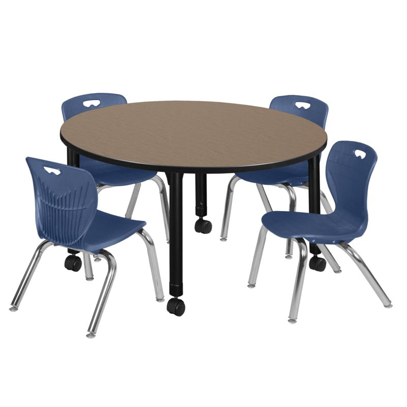 Regency Kee Mobile Round Height Adjustable Classroom Table with 4 Andy Stack Chairs 48" W x 48" D x 23" - 34"H (REG - TB48R - 45) - SchoolOutlet