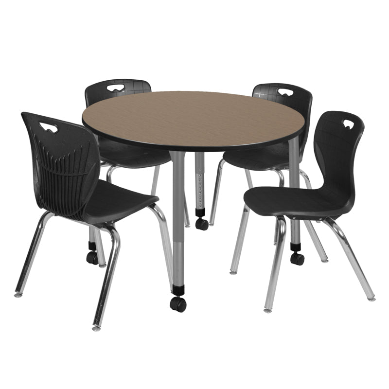 Regency Kee Mobile Round Height Adjustable Classroom Table with 4 Andy Stack Chairs 48" W x 48" D x 23" - 34"H (TB48RNDNOAPCBK40BK) - SchoolOutlet