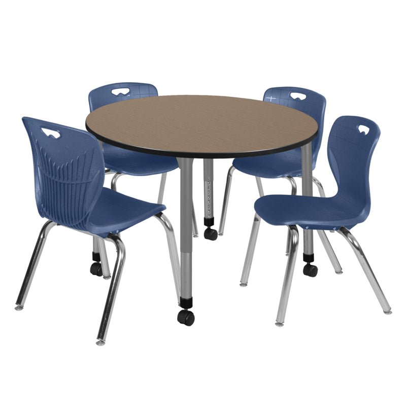 Regency Kee Mobile Round Height Adjustable Classroom Table with 4 Andy Stack Chairs 48" W x 48" D x 23" - 34"H (TB48RNDNOAPCBK40BK) - SchoolOutlet