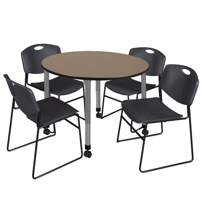 Regency Kee Mobile Round Adjustable Classroom Table with 4 Black Zeng Stack Chairs 48" W x 48" D x 23" - 34"H (REG - TB48RC - 44) - SchoolOutlet