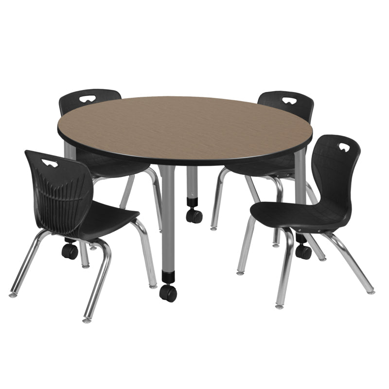 Regency Kee Mobile Round Height Adjustable Classroom Table with 4 Andy Stack Chairs 48" W x 48" D x 23" - 34"H (REG - TB48R - 45) - SchoolOutlet