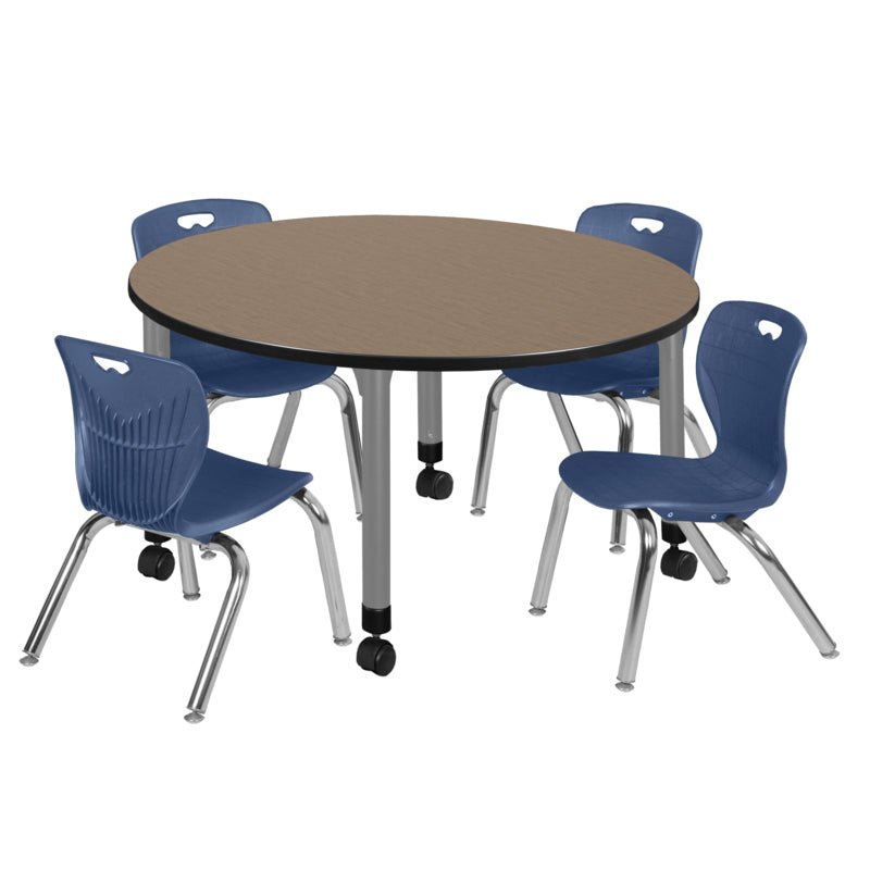 Regency Kee Mobile Round Height Adjustable Classroom Table with 4 Andy Stack Chairs 48" W x 48" D x 23" - 34"H (REG - TB48R - 45) - SchoolOutlet
