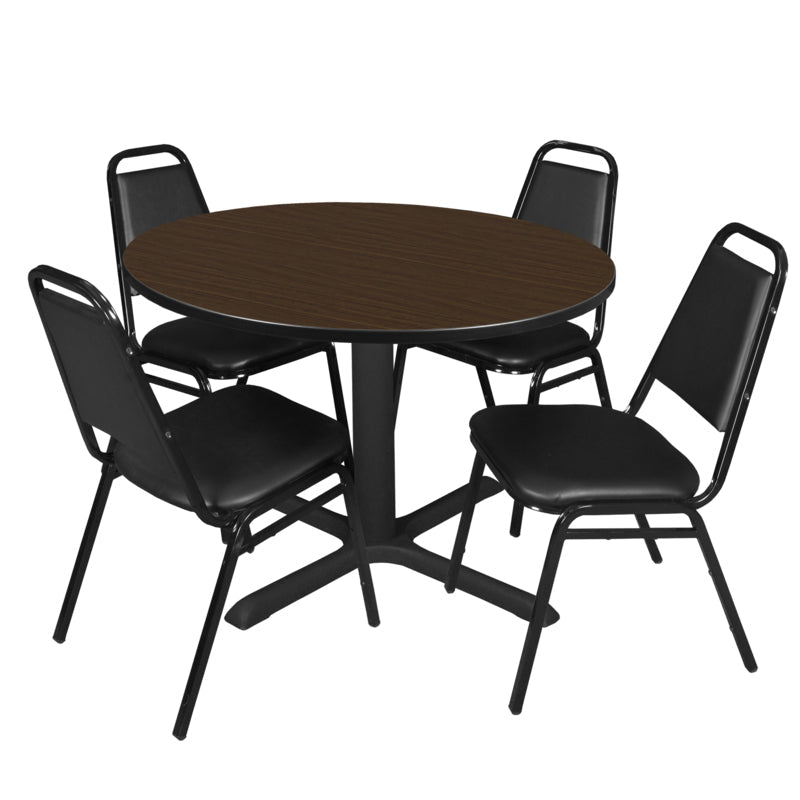 Regency Cain Durable Round X - Base Breakroom Table with 4 Black Restaurant Stack Chairs 48" W x 48" D x 29" H (REG - TB48R - 29) - SchoolOutlet