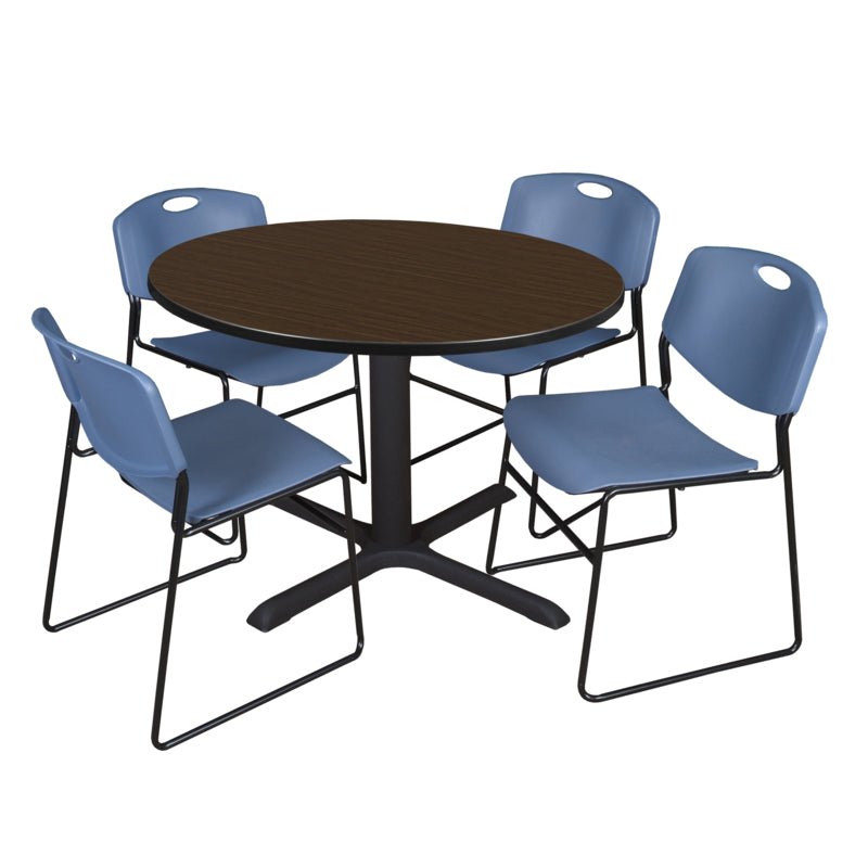 Regency Cain Collaborative Round X - Base Breakroom Table with 4 Zeng Stack Chairs 48" W x 48" D x 29" H (REG - TB48R - 44) - SchoolOutlet