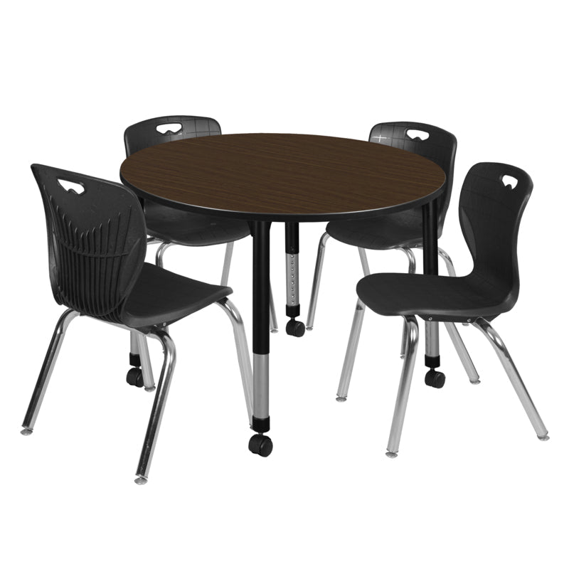 Regency Kee Mobile Round Height Adjustable Classroom Table with 4 Andy Stack Chairs 48" W x 48" D x 23" - 34"H (TB48RNDNOAPCBK40BK) - SchoolOutlet