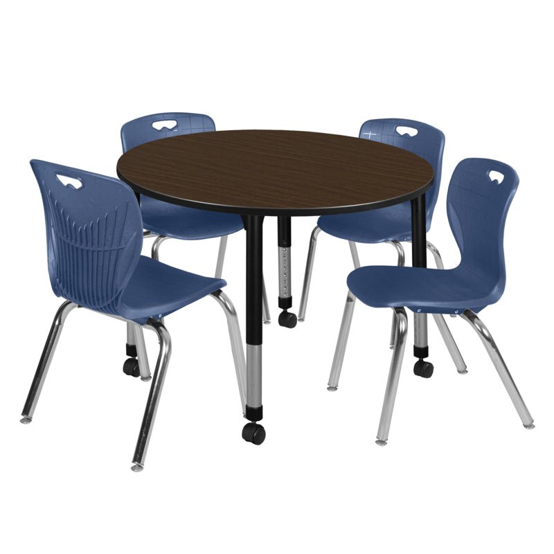 Regency Kee Mobile Round Height Adjustable Classroom Table with 4 Andy Stack Chairs 48" W x 48" D x 23" - 34"H (TB48RNDNOAPCBK40BK) - SchoolOutlet