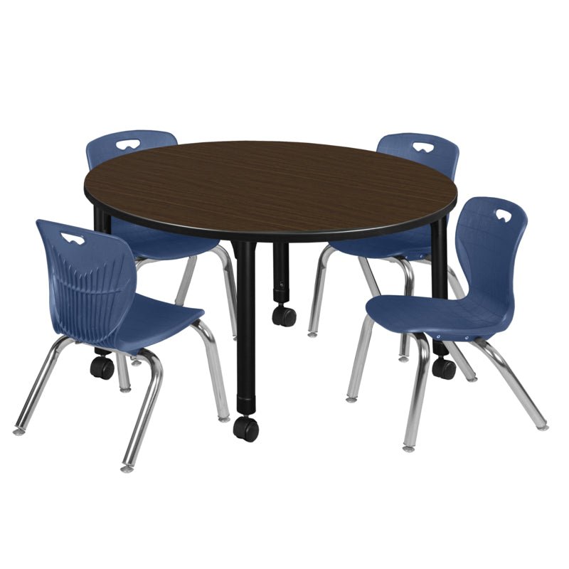Regency Kee Mobile Round Height Adjustable Classroom Table with 4 Andy Stack Chairs 48" W x 48" D x 23" - 34"H (REG - TB48R - 45) - SchoolOutlet