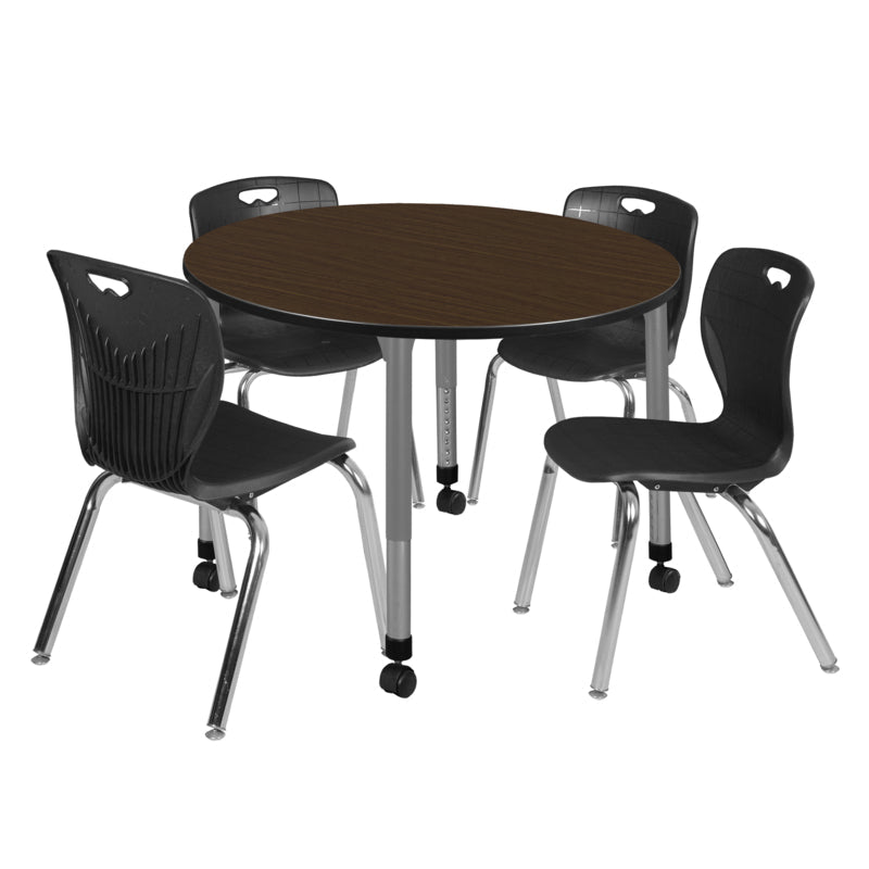 Regency Kee Mobile Round Height Adjustable Classroom Table with 4 Andy Stack Chairs 48" W x 48" D x 23" - 34"H (TB48RNDNOAPCBK40BK) - SchoolOutlet