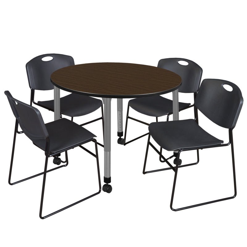 Regency Kee Mobile Round Adjustable Classroom Table with 4 Black Zeng Stack Chairs 48" W x 48" D x 23" - 34"H (REG - TB48RC - 44) - SchoolOutlet