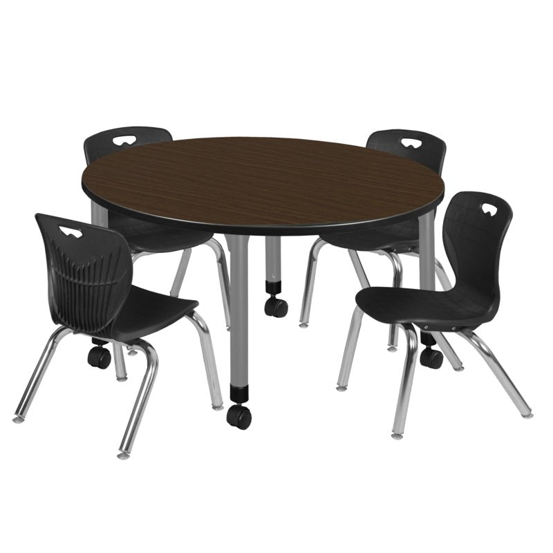 Regency Kee Mobile Round Height Adjustable Classroom Table with 4 Andy Stack Chairs 48" W x 48" D x 23" - 34"H (REG - TB48R - 45) - SchoolOutlet