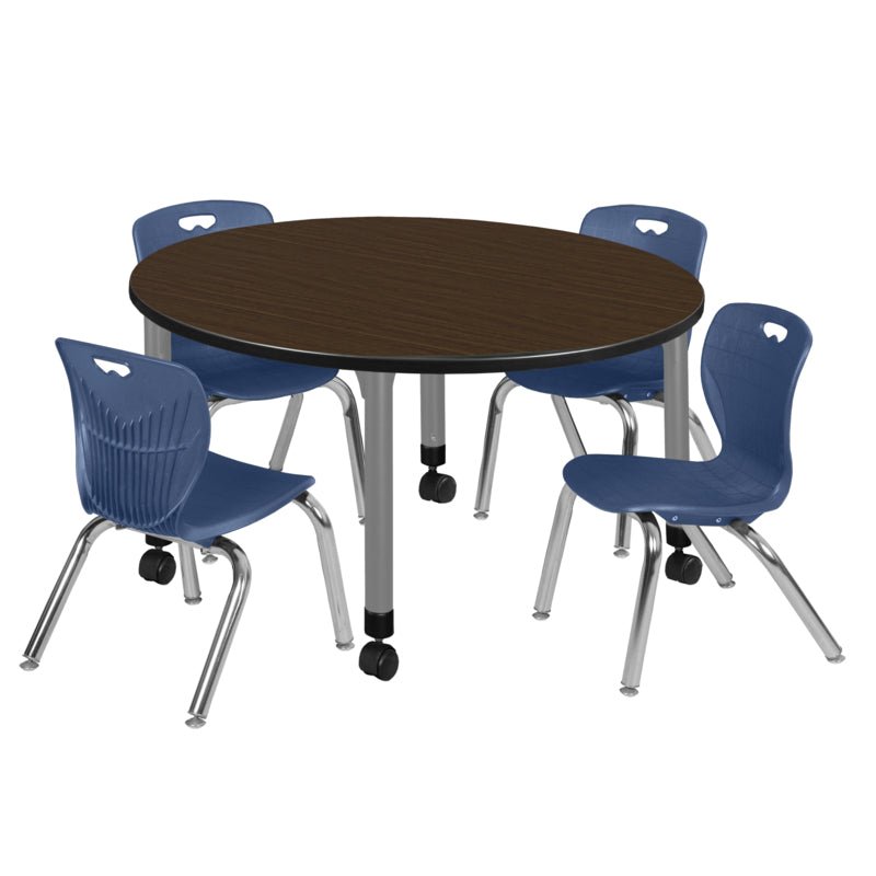 Regency Kee Mobile Round Height Adjustable Classroom Table with 4 Andy Stack Chairs 48" W x 48" D x 23" - 34"H (REG - TB48R - 45) - SchoolOutlet