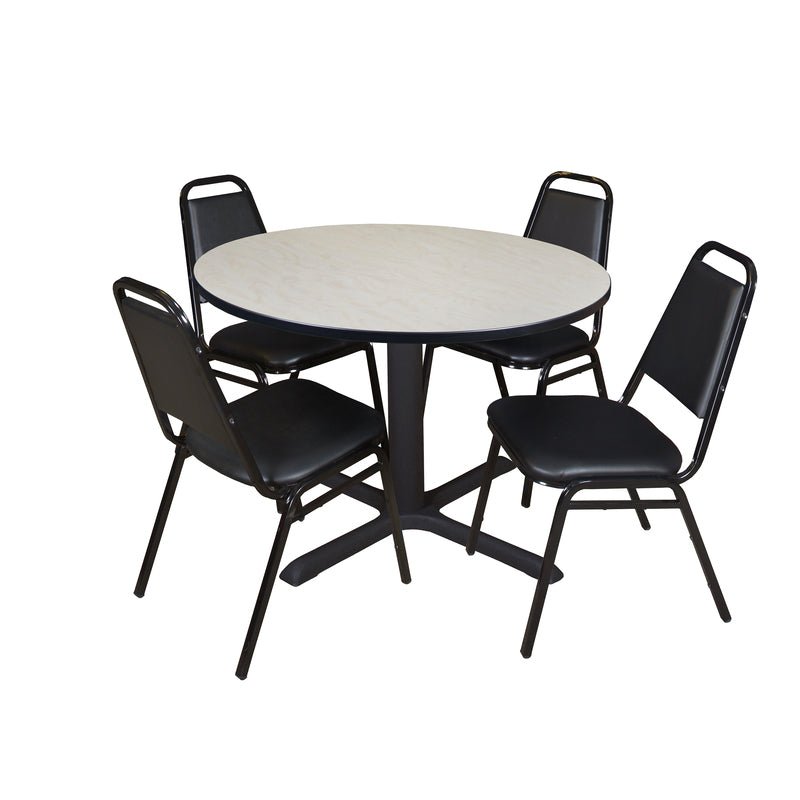 Regency Cain Durable Round X - Base Breakroom Table with 4 Black Restaurant Stack Chairs 48" W x 48" D x 29" H (REG - TB48R - 29) - SchoolOutlet