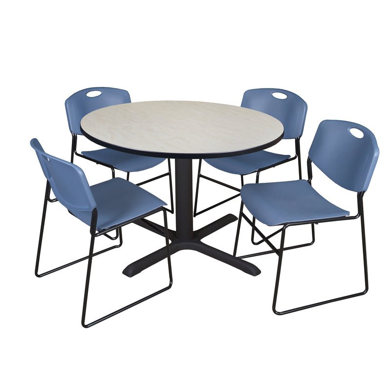 Regency Cain Collaborative Round X - Base Breakroom Table with 4 Zeng Stack Chairs 48" W x 48" D x 29" H (REG - TB48R - 44) - SchoolOutlet