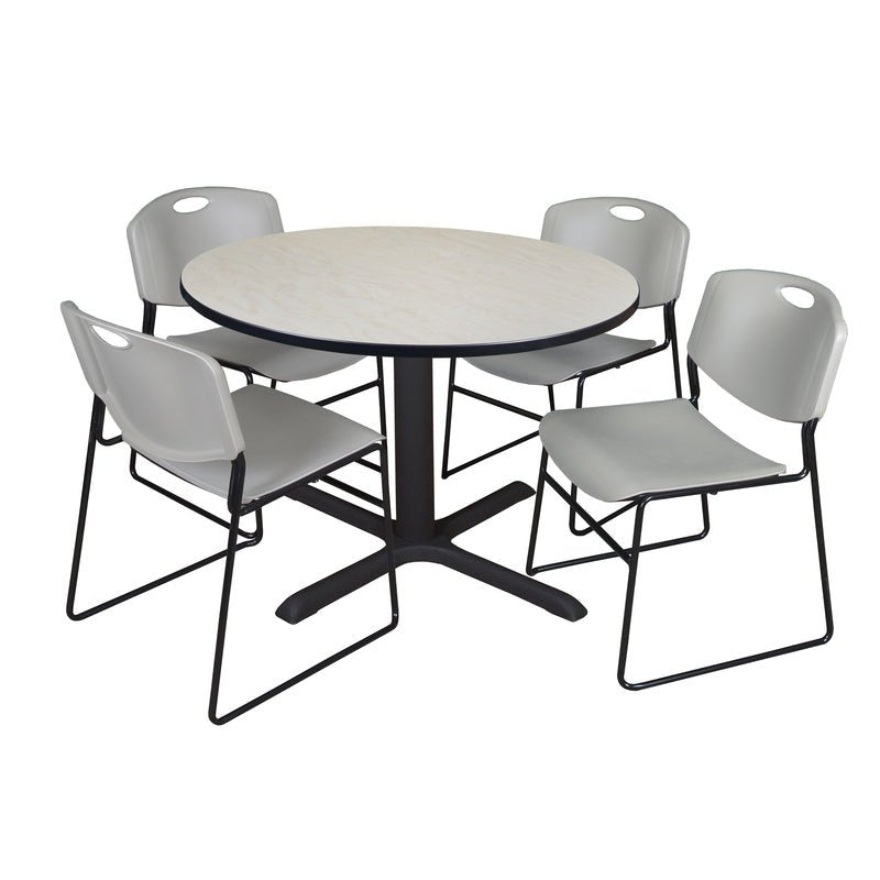 Regency Cain Collaborative Round X - Base Breakroom Table with 4 Zeng Stack Chairs 48" W x 48" D x 29" H (REG - TB48R - 44) - SchoolOutlet