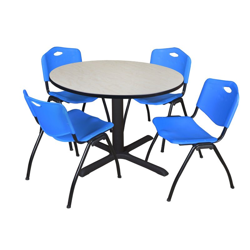 Regency Cain Versatile Round X - Base Breakroom Table with 4 M Stack Chairs 48" W x 48" D x 29" H (REG - TB48R - 47) - SchoolOutlet