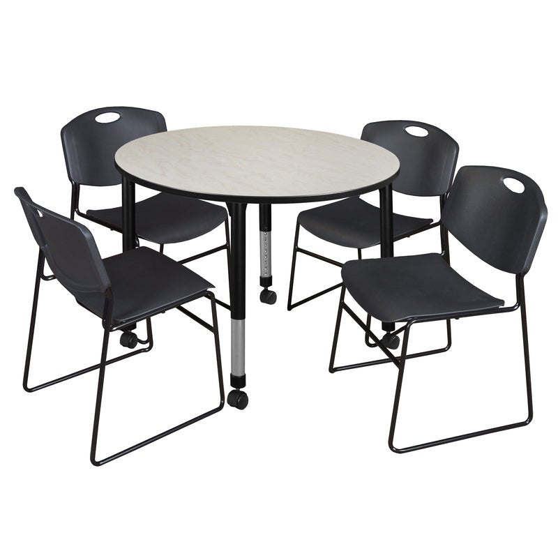 Regency Kee Mobile Round Adjustable Classroom Table with 4 Black Zeng Stack Chairs 48" W x 48" D x 23" - 34"H (REG - TB48RC - 44) - SchoolOutlet