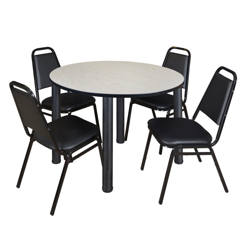 Regency Kee Circular Breakroom Table with 4 Black Restaurant Stack Chairs 48" W x 48" D x 29" H (REG - TB48R - 29) - SchoolOutlet