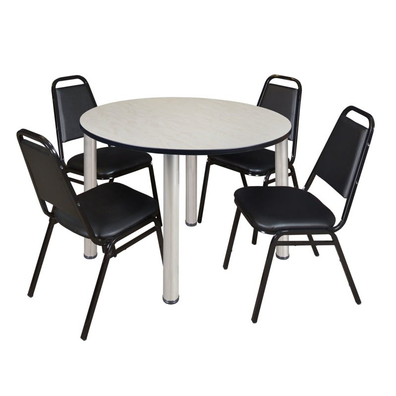Regency Kee Circular Breakroom Table with 4 Black Restaurant Stack Chairs 48" W x 48" D x 29" H (REG - TB48R - 29) - SchoolOutlet
