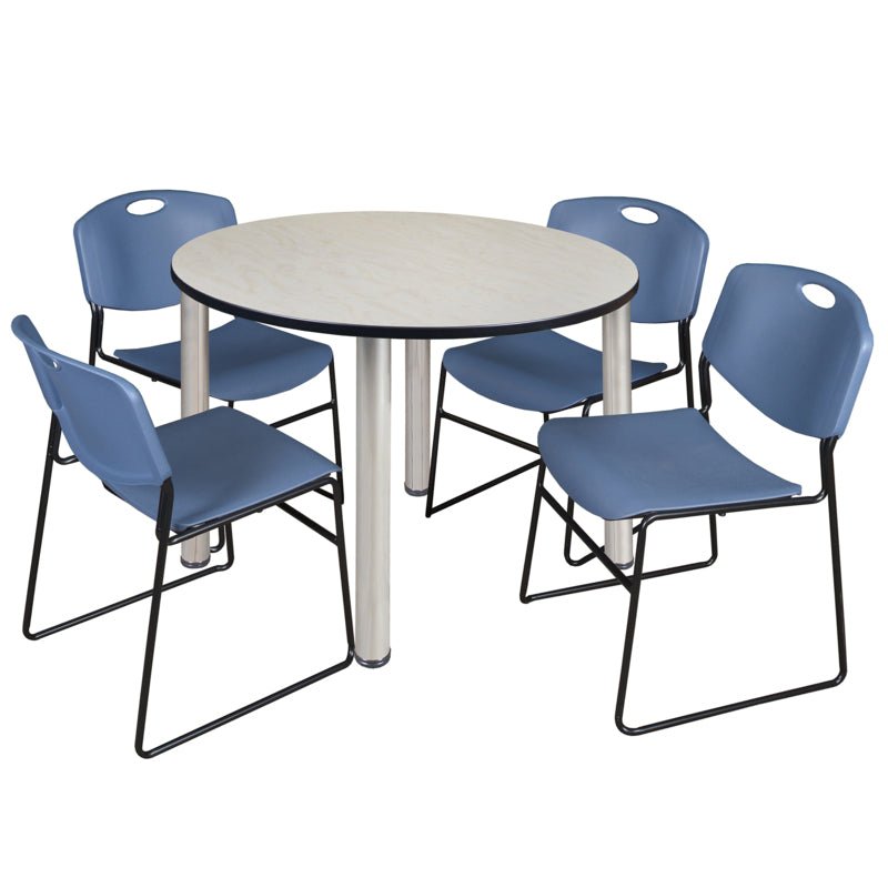 Regency Kee Functional Round Breakroom Table with 4 Zeng Stack Chairs 48" W x 48" D x 29" H (REG - TB48R - 44) - SchoolOutlet