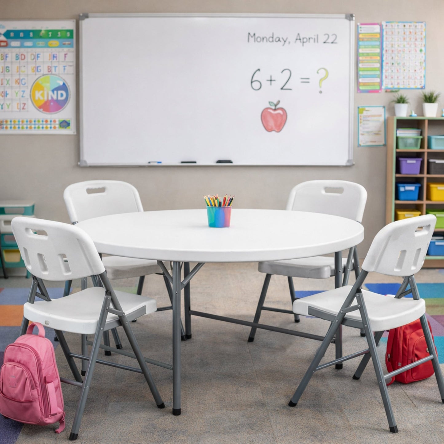 Regency Trestle 4 ft Round Folding Table and 4 Chairs Set 48"W x 48"D x 29"H (REG-TBM48RNDWH42WH) - SchoolOutlet