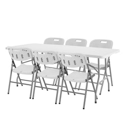 Regency Trestle 6 ft Folding Table and 6 Chairs Set 72"W x 29"D x 29"H (REG-TBM7229WH42WH)