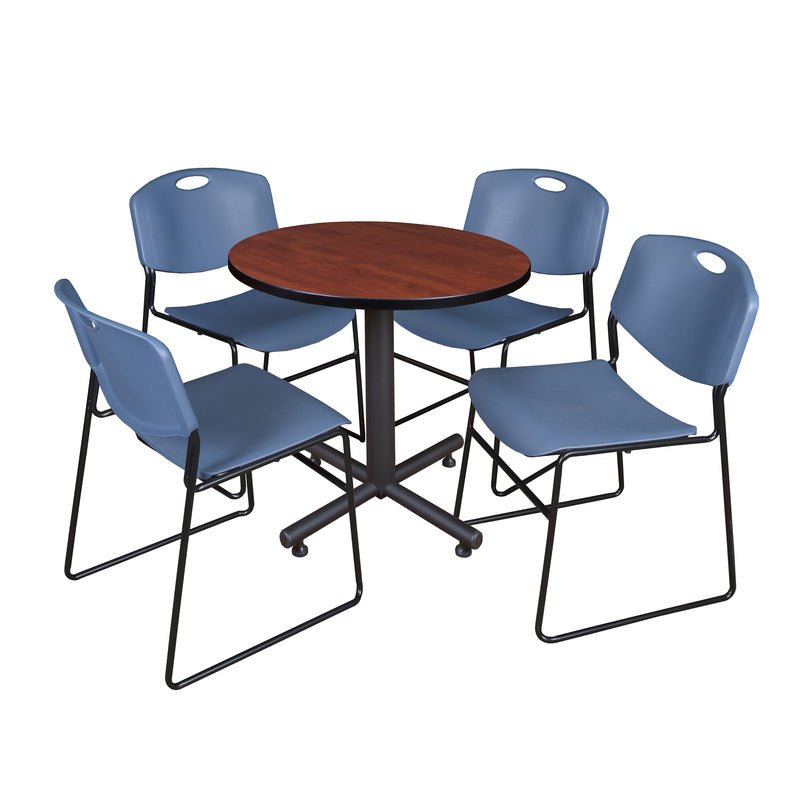 Regency Kobe Efficient Round X - Base Breakroom Table with 4 Zeng Stack Chairs 30" W x 30" D x 29" H (REG - TKB30R - 44) - SchoolOutlet