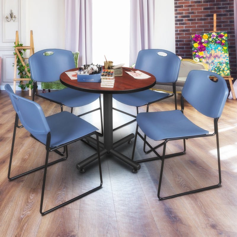 Regency Kobe Efficient Round X - Base Breakroom Table with 4 Zeng Stack Chairs 30" W x 30" D x 29" H (REG - TKB30R - 44) - SchoolOutlet