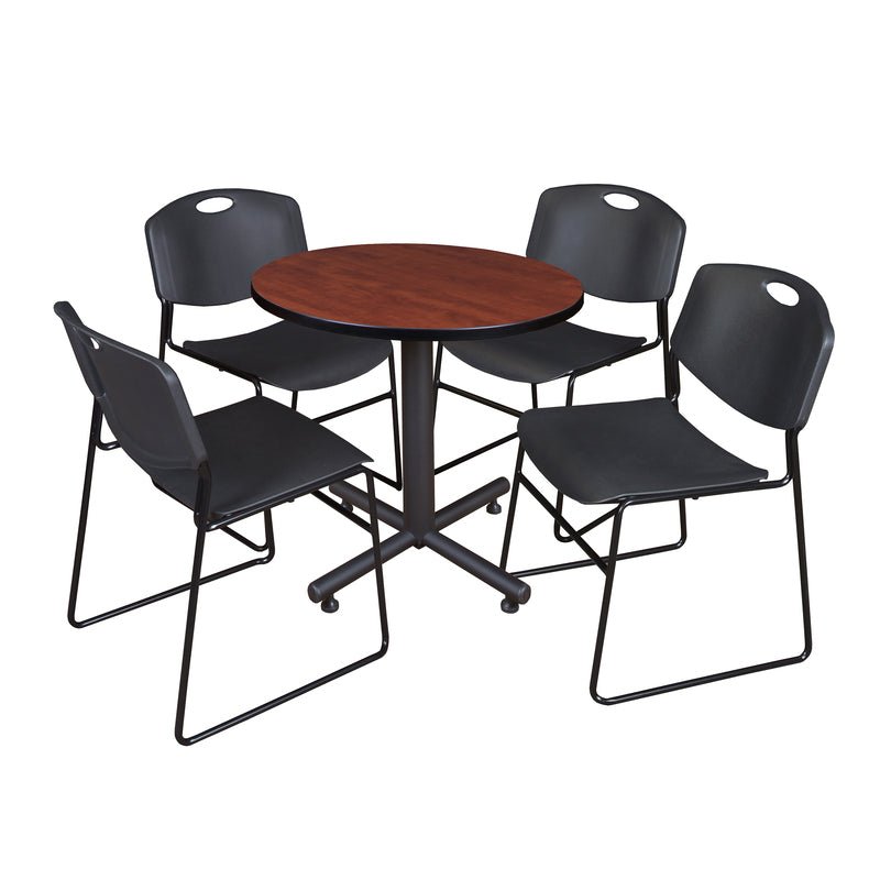 Regency Kobe Efficient Round X - Base Breakroom Table with 4 Zeng Stack Chairs 30" W x 30" D x 29" H (REG - TKB30R - 44) - SchoolOutlet