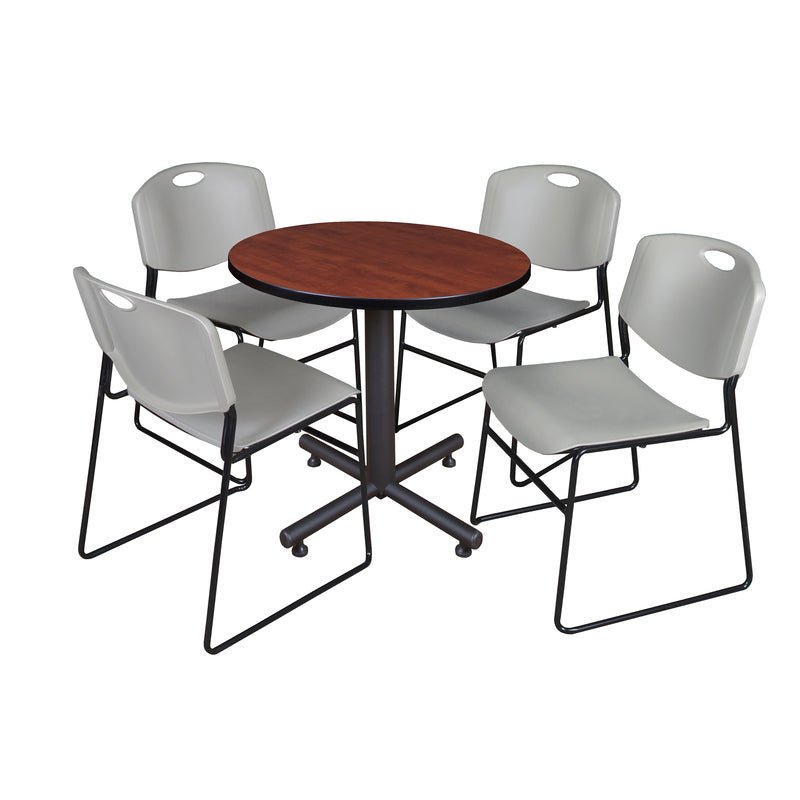 Regency Kobe Efficient Round X - Base Breakroom Table with 4 Zeng Stack Chairs 30" W x 30" D x 29" H (REG - TKB30R - 44) - SchoolOutlet