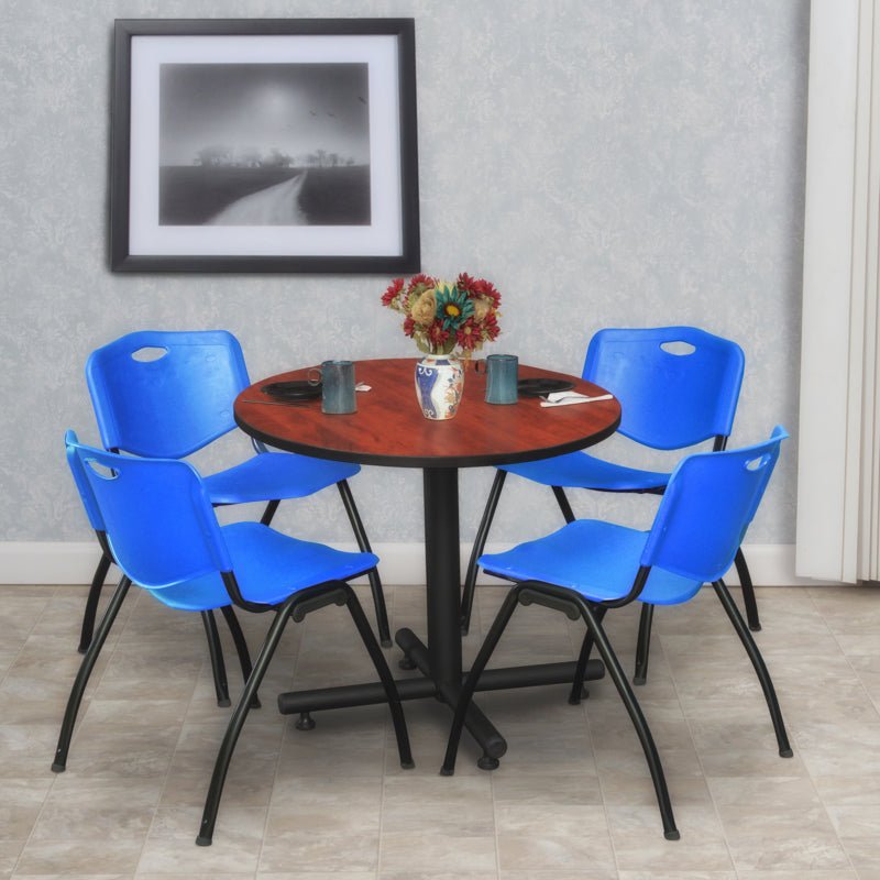 Regency Kobe Compact Round X - Base Breakroom Table with 4 M Stack Chairs 30" W x 30" D x 29" H (REG - TKB30R - 47) - SchoolOutlet