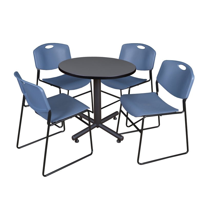 Regency Kobe Efficient Round X - Base Breakroom Table with 4 Zeng Stack Chairs 30" W x 30" D x 29" H (REG - TKB30R - 44) - SchoolOutlet