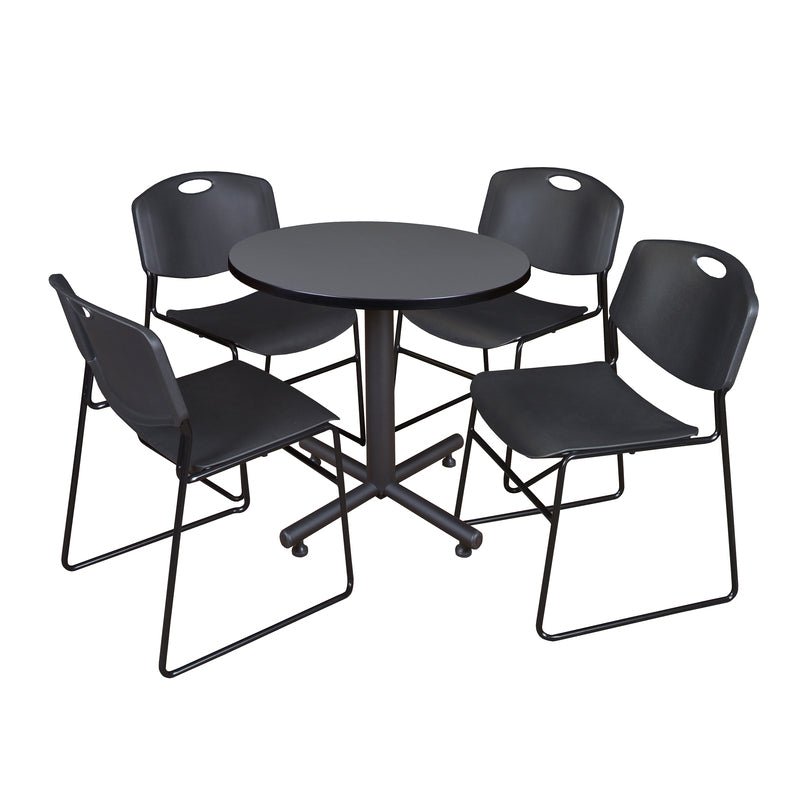 Regency Kobe Efficient Round X - Base Breakroom Table with 4 Zeng Stack Chairs 30" W x 30" D x 29" H (REG - TKB30R - 44) - SchoolOutlet