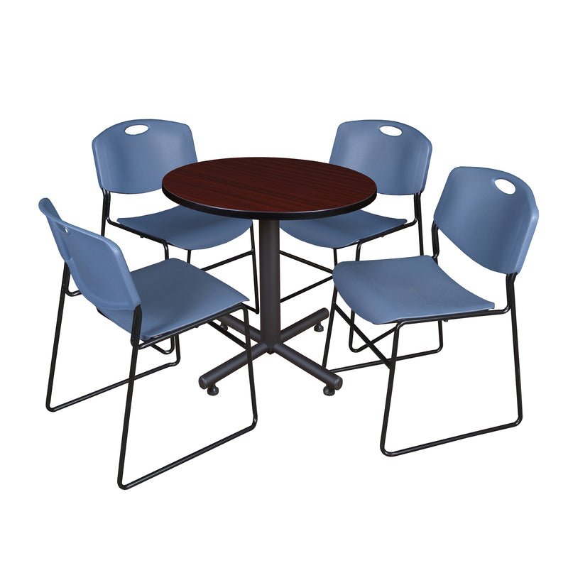 Regency Kobe Efficient Round X - Base Breakroom Table with 4 Zeng Stack Chairs 30" W x 30" D x 29" H (REG - TKB30R - 44) - SchoolOutlet