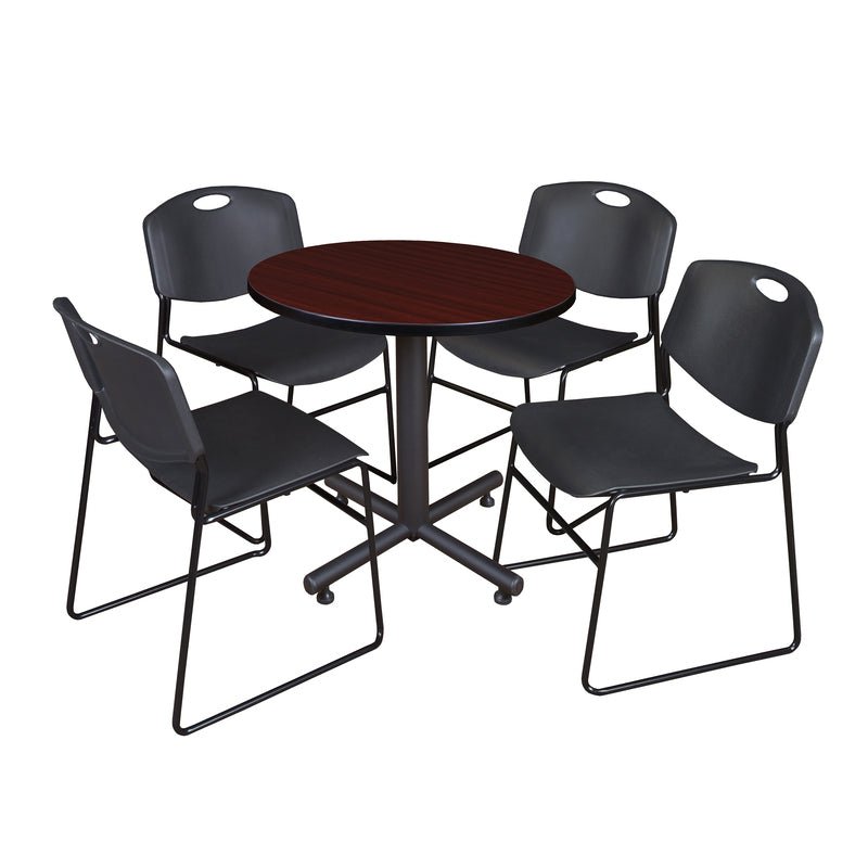 Regency Kobe Efficient Round X - Base Breakroom Table with 4 Zeng Stack Chairs 30" W x 30" D x 29" H (REG - TKB30R - 44) - SchoolOutlet
