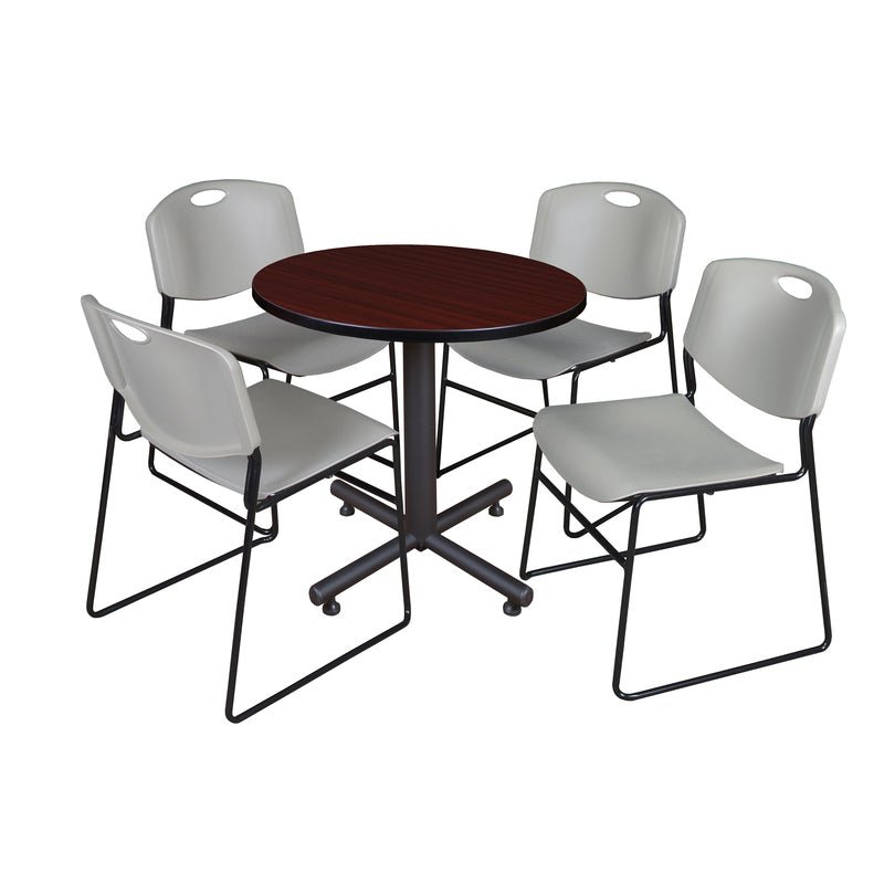 Regency Kobe Efficient Round X - Base Breakroom Table with 4 Zeng Stack Chairs 30" W x 30" D x 29" H (REG - TKB30R - 44) - SchoolOutlet