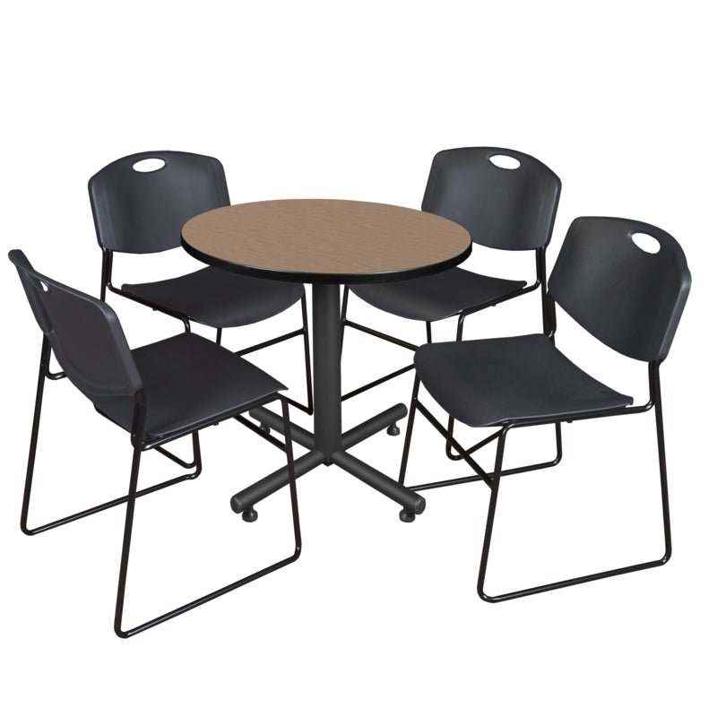 Regency Kobe Efficient Round X - Base Breakroom Table with 4 Zeng Stack Chairs 30" W x 30" D x 29" H (REG - TKB30R - 44) - SchoolOutlet
