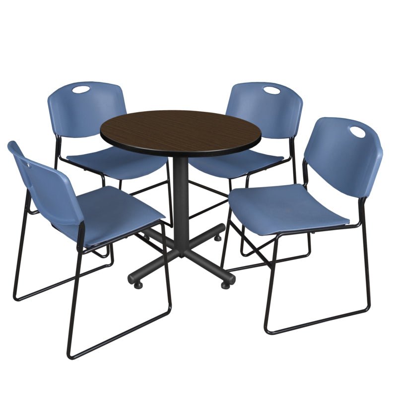 Regency Kobe Efficient Round X - Base Breakroom Table with 4 Zeng Stack Chairs 30" W x 30" D x 29" H (REG - TKB30R - 44) - SchoolOutlet