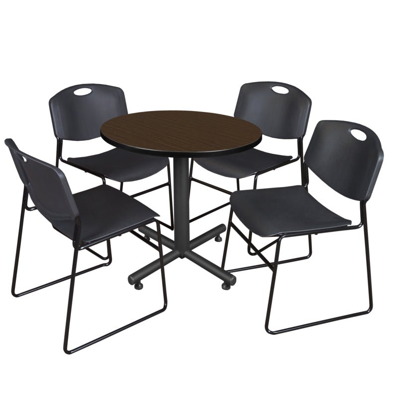 Regency Kobe Efficient Round X - Base Breakroom Table with 4 Zeng Stack Chairs 30" W x 30" D x 29" H (REG - TKB30R - 44) - SchoolOutlet