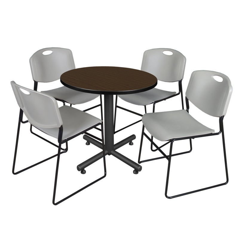 Regency Kobe Efficient Round X - Base Breakroom Table with 4 Zeng Stack Chairs 30" W x 30" D x 29" H (REG - TKB30R - 44) - SchoolOutlet