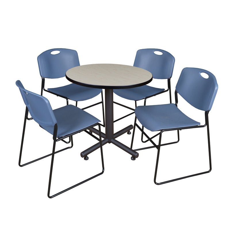 Regency Kobe Efficient Round X - Base Breakroom Table with 4 Zeng Stack Chairs 30" W x 30" D x 29" H (REG - TKB30R - 44) - SchoolOutlet
