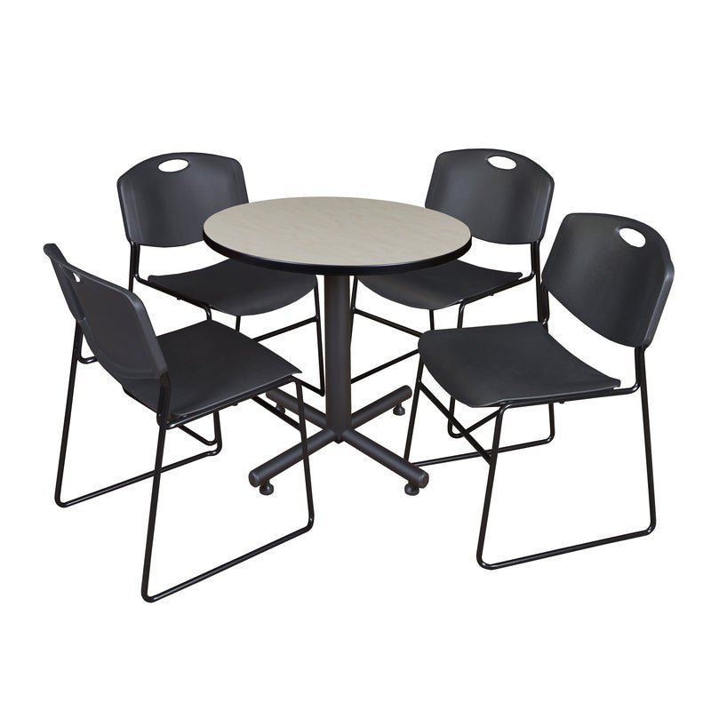 Regency Kobe Efficient Round X - Base Breakroom Table with 4 Zeng Stack Chairs 30" W x 30" D x 29" H (REG - TKB30R - 44) - SchoolOutlet