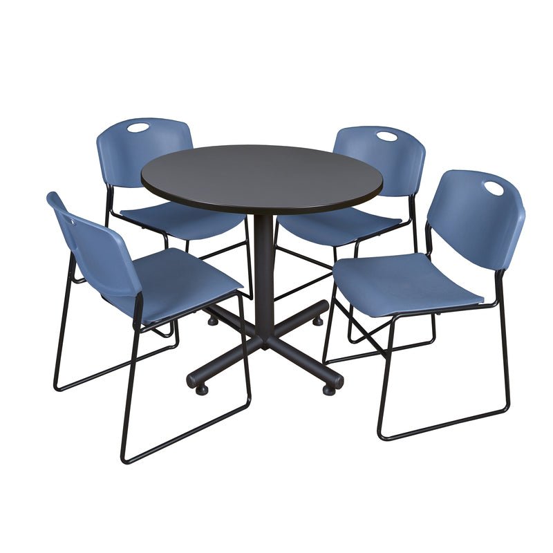 Regency Kobe Heavy Duty Round X - Base Breakroom Table with 4 Zeng Stack Chairs 36" W x 36" D x 29" H (REG - TKB36R - 44) - SchoolOutlet