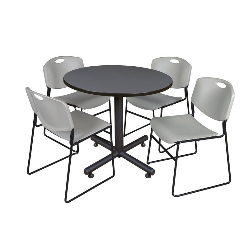 Regency Kobe Heavy Duty Round X - Base Breakroom Table with 4 Zeng Stack Chairs 36" W x 36" D x 29" H (REG - TKB36R - 44) - SchoolOutlet