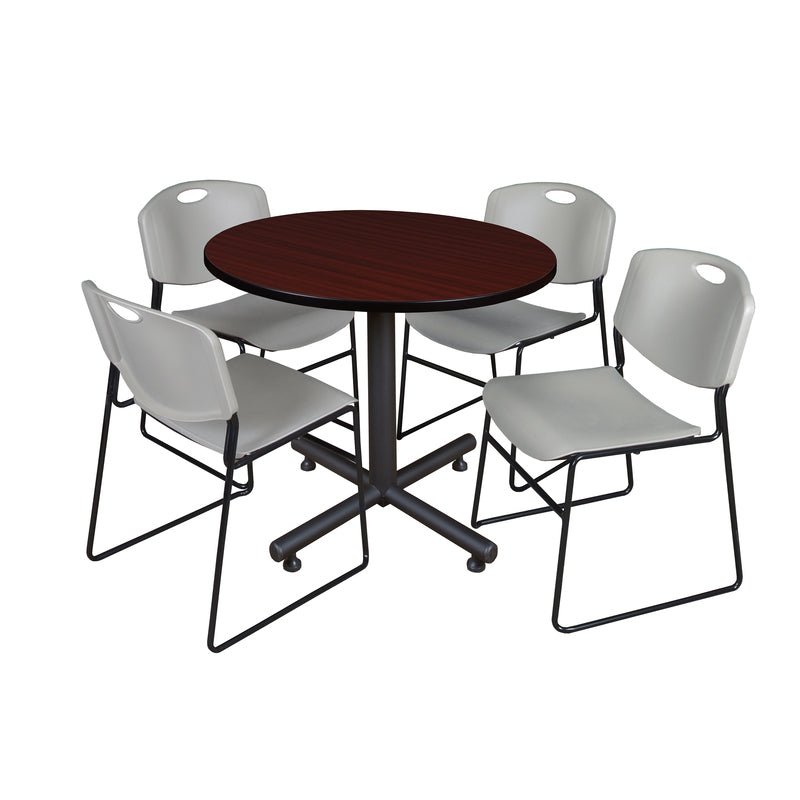 Regency Kobe Heavy Duty Round X - Base Breakroom Table with 4 Zeng Stack Chairs 36" W x 36" D x 29" H (REG - TKB36R - 44) - SchoolOutlet