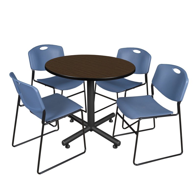 Regency Kobe Heavy Duty Round X - Base Breakroom Table with 4 Zeng Stack Chairs 36" W x 36" D x 29" H (REG - TKB36R - 44) - SchoolOutlet